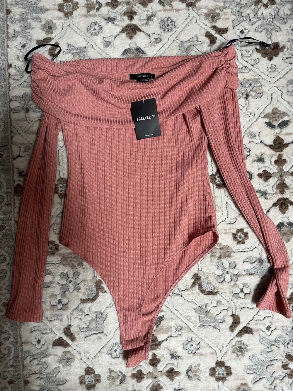Forever 21 Mauve Ribbed Off-Shoulder Long Sleeve Bodysuit